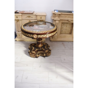 Okrągły stolik w stylu Ludwika XV - malowaną Scena figuralna - Intarsjowany