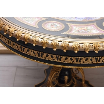 Francuski Stół Empire - Drewno + Brąz + Porcelanowe Złocone Malunki, Róże