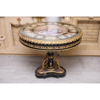 Francuski Stół Empire - Drewno + Brąz + Porcelanowe Złocone Malunki, Róże
