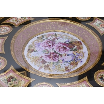 Francuski Stół Empire - Drewno + Brąz + Porcelanowe Złocone Malunki, Róże