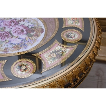 Francuski Stół Empire - Drewno + Brąz + Porcelanowe Złocone Malunki, Róże