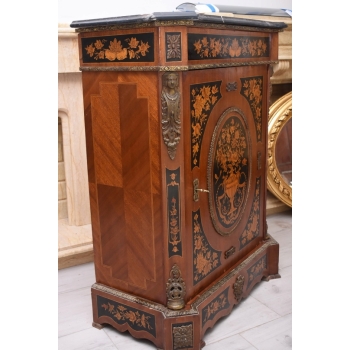 Drewniana Barokowa Komoda - Intarsjowana, Okucia z Brązu + Blat Marmur