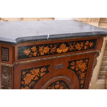 Drewniana Barokowa Komoda - Intarsjowana, Okucia z Brązu + Blat Marmur