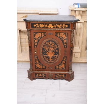 Drewniana Barokowa Komoda - Intarsjowana, Okucia z Brązu + Blat Marmur