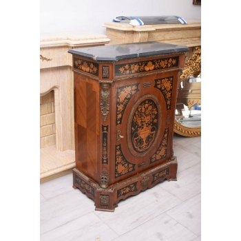 Drewniana Barokowa Komoda - Intarsjowana, Okucia z Brązu + Blat Marmur