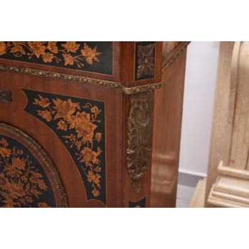 Drewniana Barokowa Komoda - Intarsjowana, Okucia z Brązu + Blat Marmur