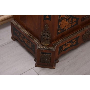 Drewniana Barokowa Komoda - Intarsjowana, Okucia z Brązu + Blat Marmur