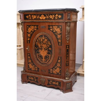 Drewniana Barokowa Komoda - Intarsjowana, Okucia z Brązu + Blat Marmur