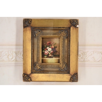 Obraz Olejny Martwa Natura Kwiaty w Wazonie Złota Rama ZDOBIONA