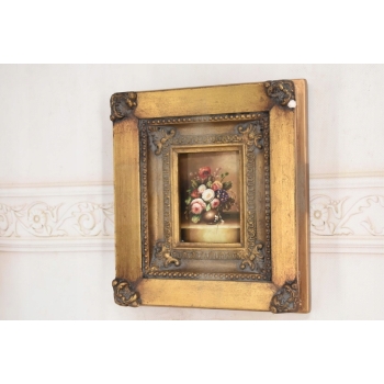 Obraz Olejny Martwa Natura Kwiaty w Wazonie Złota Rama ZDOBIONA