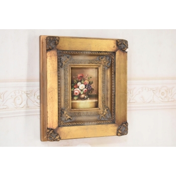 Obraz Olejny Martwa Natura Kwiaty w Wazonie Złota Rama ZDOBIONA