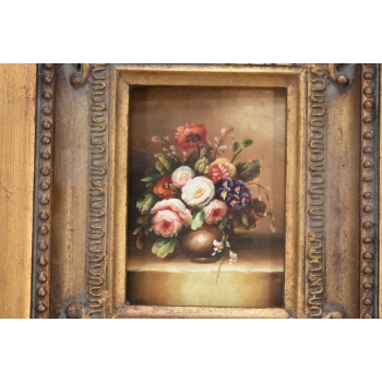 Obraz Olejny Martwa Natura Kwiaty w Wazonie Złota Rama ZDOBIONA