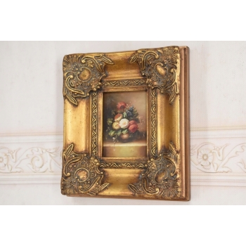 Obraz Olejny Martwa Natura Kwiaty na Stole Złota Rama ZDOBIONA