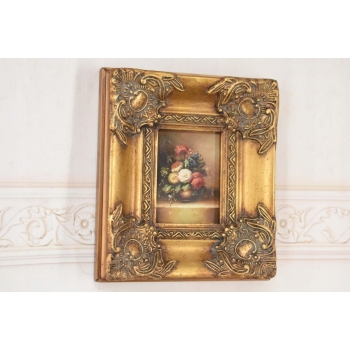 Obraz Olejny Martwa Natura Kwiaty na Stole Złota Rama ZDOBIONA