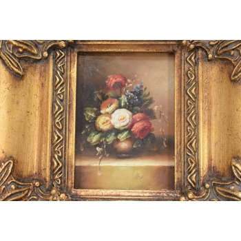 Obraz Olejny Martwa Natura Kwiaty na Stole Złota Rama ZDOBIONA