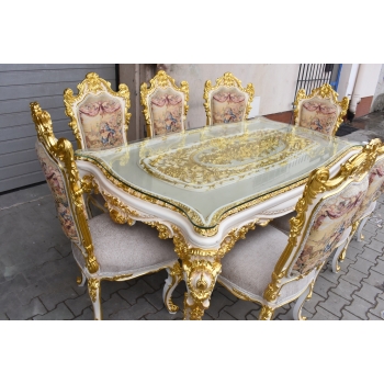 Włoski Komplet Mebli Jadalnia - Stół + 6 Krzeseł - Pałacowy Królewski