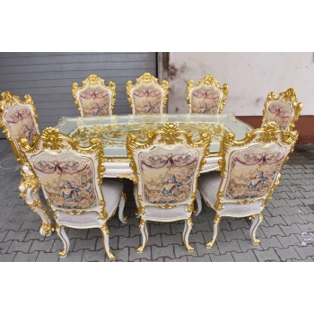 Włoski Komplet Mebli Jadalnia - Stół + 6 Krzeseł - Pałacowy Królewski