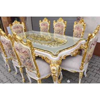 Włoski Komplet Mebli Jadalnia - Stół + 6 Krzeseł - Pałacowy Królewski