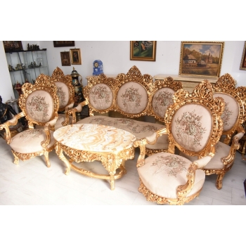 Komplet Wypoczynkowy Wypoczynek w Kwiaty - Sofa + 4 Fotele + Stół