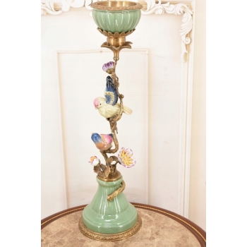 Porcelanowy Świecznik z Ptakami - Ptak - Porcelana + Brąz - Dekoracja