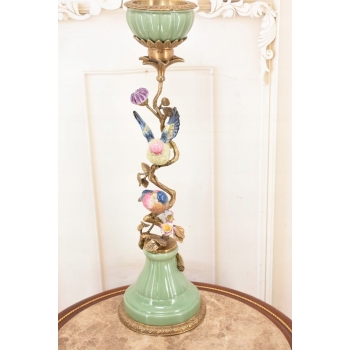 Porcelanowy Świecznik z Ptakami - Ptak - Porcelana + Brąz - Dekoracja