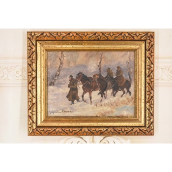 Wojciech Kossak - Powrót Żołnierzy z Bitwy - Zimowa Scena - Obraz Olejny