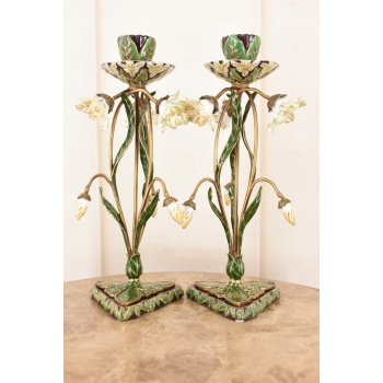 2x Porcelanowe Świeczniki - Porcelanowy Świecznik Kwiaty - Porcelana + Brąz