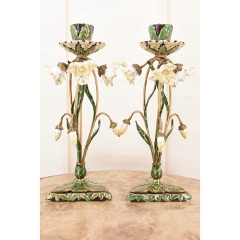 2x Porcelanowe Świeczniki - Porcelanowy Świecznik Kwiaty - Porcelana + Brąz