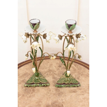 2x Porcelanowe Świeczniki - Porcelanowy Świecznik Kwiaty - Porcelana + Brąz