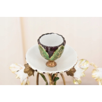 2x Porcelanowe Świeczniki - Porcelanowy Świecznik Kwiaty - Porcelana + Brąz