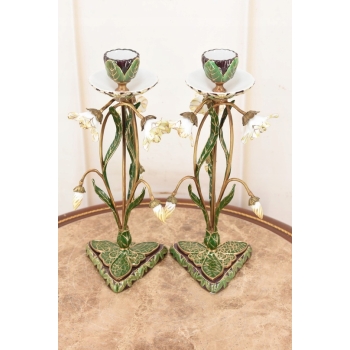 2x Porcelanowe Świeczniki - Porcelanowy Świecznik Kwiaty - Porcelana + Brąz