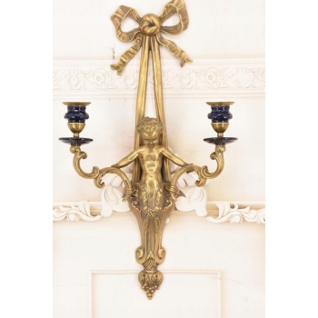 Świecznik z Brązu Złoconego - Anioł Amor Porcelana + Brąz Kinkiet Na Ścianę