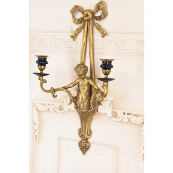 Świecznik z Brązu Złoconego - Anioł Amor Porcelana + Brąz Kinkiet Na Ścianę