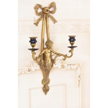 Świecznik z Brązu Złoconego - Anioł Amor Porcelana + Brąz Kinkiet Na Ścianę