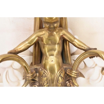 Świecznik z Brązu Złoconego - Anioł Amor Porcelana + Brąz Kinkiet Na Ścianę