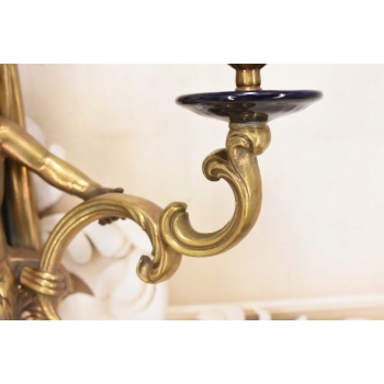 Świecznik z Brązu Złoconego - Anioł Amor Porcelana + Brąz Kinkiet Na Ścianę