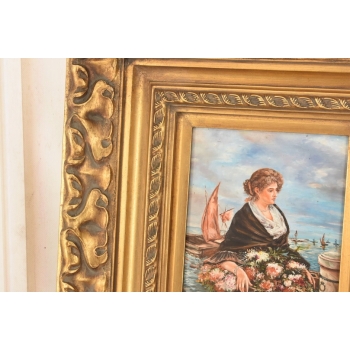 Portret Kobiety z Koszem Kwiatów - Kobieta Obraz Olejny Złota Ozdobna Rama