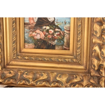 Portret Kobiety z Koszem Kwiatów - Kobieta Obraz Olejny Złota Ozdobna Rama