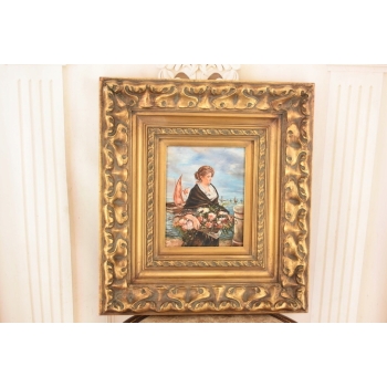 Portret Kobiety z Koszem Kwiatów - Kobieta Obraz Olejny Złota Ozdobna Rama