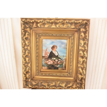 Portret Kobiety z Koszem Kwiatów - Kobieta Obraz Olejny Złota Ozdobna Rama