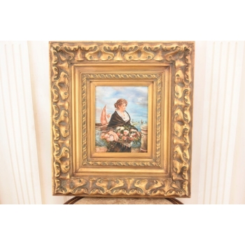 Portret Kobiety z Koszem Kwiatów - Kobieta Obraz Olejny Złota Ozdobna Rama