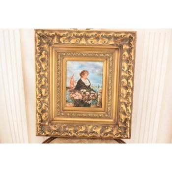 Portret Kobiety z Koszem Kwiatów - Kobieta Obraz Olejny Złota Ozdobna Rama