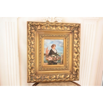 Portret Kobiety z Koszem Kwiatów - Kobieta Obraz Olejny Złota Ozdobna Rama