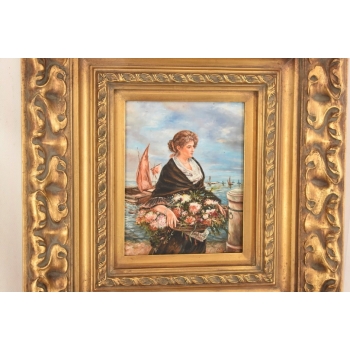 Portret Kobiety z Koszem Kwiatów - Kobieta Obraz Olejny Złota Ozdobna Rama