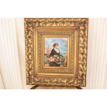 Portret Kobiety z Koszem Kwiatów - Kobieta Obraz Olejny Złota Ozdobna Rama