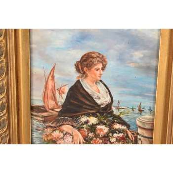 Portret Kobiety z Koszem Kwiatów - Kobieta Obraz Olejny Złota Ozdobna Rama