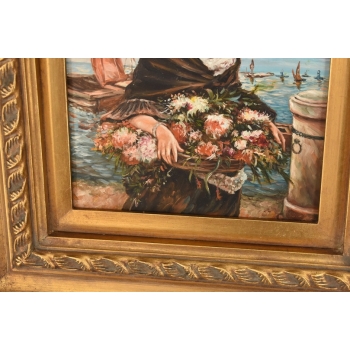 Portret Kobiety z Koszem Kwiatów - Kobieta Obraz Olejny Złota Ozdobna Rama