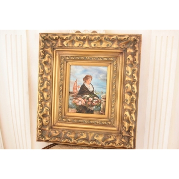 Portret Kobiety z Koszem Kwiatów - Kobieta Obraz Olejny Złota Ozdobna Rama