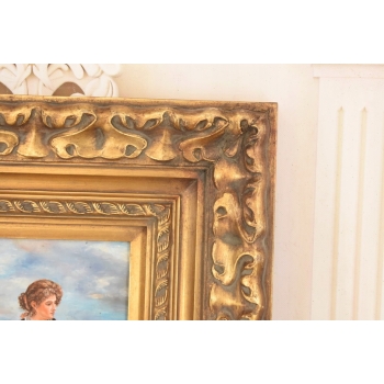 Portret Kobiety z Koszem Kwiatów - Kobieta Obraz Olejny Złota Ozdobna Rama