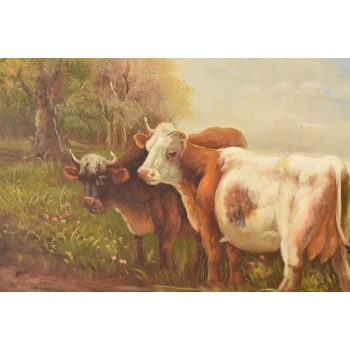 Scena Rodzajowa - Dwie Krowy Na Pastwisku - Obraz Olejny Zdobiona Rama